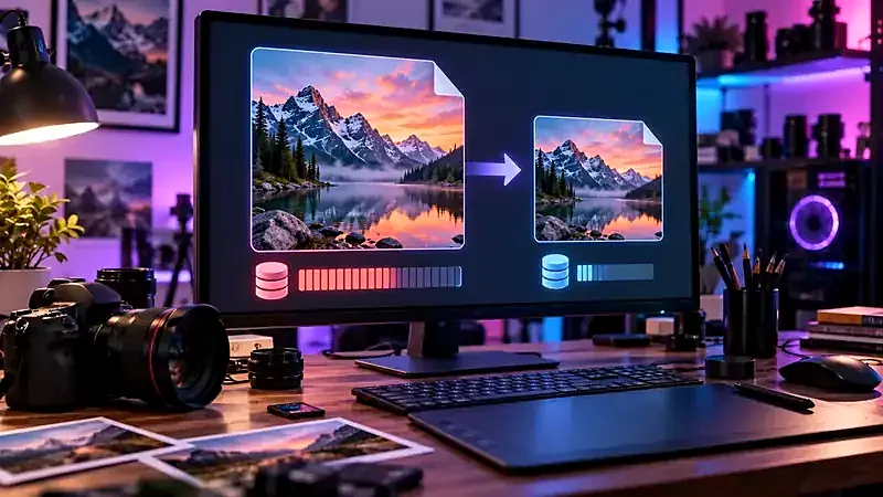 A monitor showing a photo being compressed to a much smaller file size