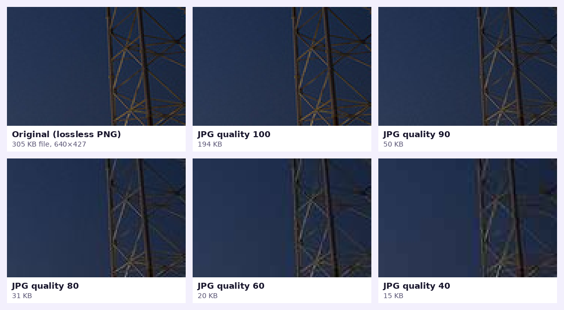 Six enlarged crops of the same photograph: lossless original and JPG at quality 100, 90, 80, 60 and 40, showing visible blocks at quality 40