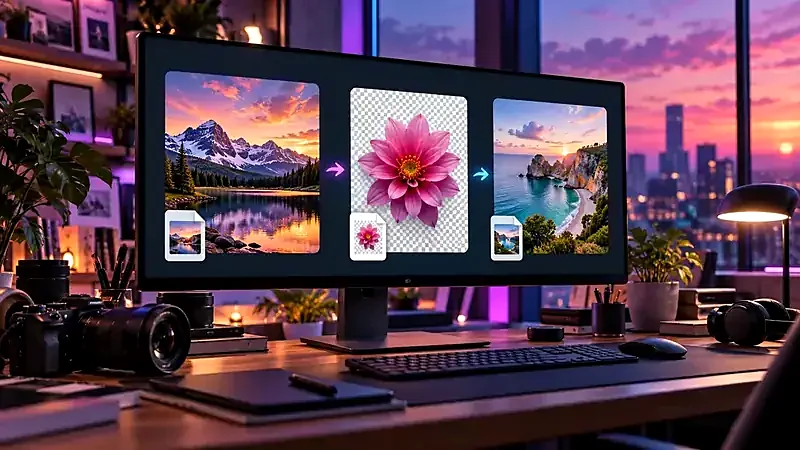 Icons representing different image file formats on a desk