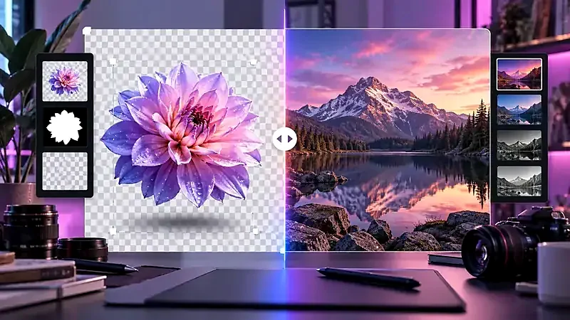 A transparent flower cut-out next to a landscape photo, illustrating PNG and JPG