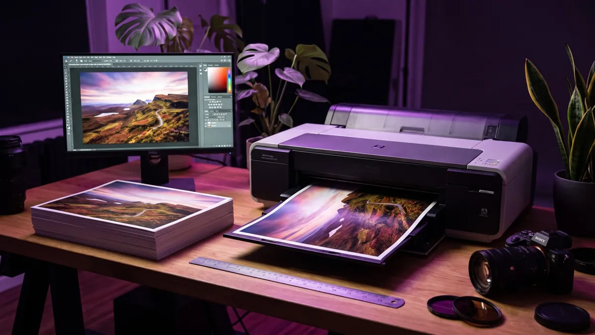 A photo printer producing a landscape print next to a monitor with the same photo, a ruler and a camera