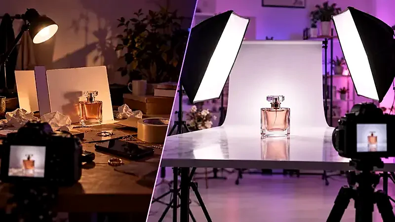 A product photography setup with a camera and a small product